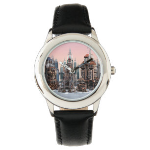 Pastell-Futuristische Stadt-Fantasie-Skyline-Kunst Armbanduhr