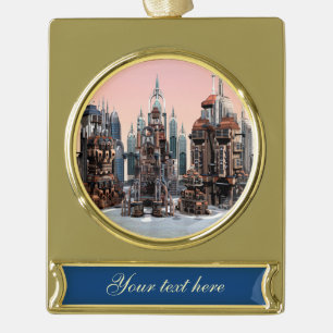 Pastell-Futuristische Stadt-Fantasie-Skyline-Kunst Banner-Ornament Gold