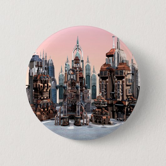 Pastell-Futuristische Stadt-Fantasie-Skyline-Kunst Button (Vorderseite)