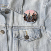 Pastell-Futuristische Stadt-Fantasie-Skyline-Kunst Button (Beispiel)