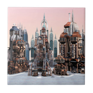 Pastell-Futuristische Stadt-Fantasie-Skyline-Kunst Fliese