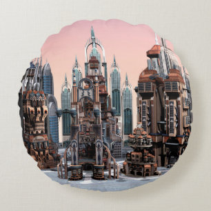 Pastell-Futuristische Stadt-Fantasie-Skyline-Kunst Rundes Kissen