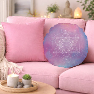 Pastell-Galaxie Metatrons Würfel Heilige Geometrie Rundes Kissen