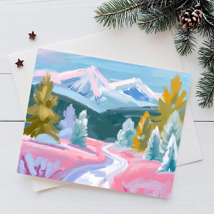 Pastell-Gebirgszug-Winterszene   Pinselstriche Feiertagspostkarte