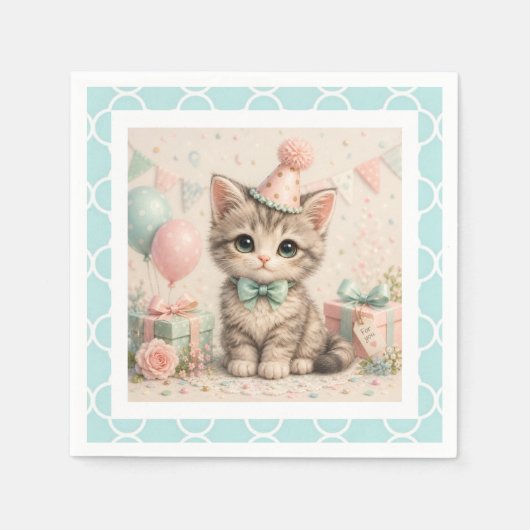 Pastell-Geburtstag-Kätzchen-Illustration Papier Se Serviette (Vorderseite)