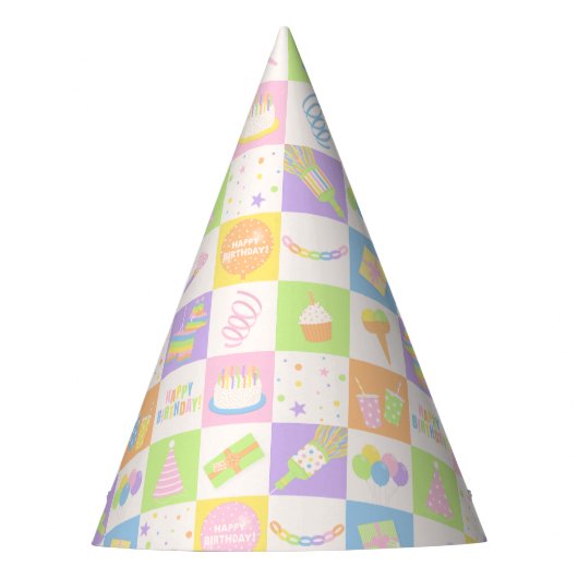 Pastell-Geburtstags-Icons Partyhut (Vorderseite)