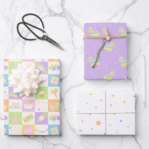 Pastell-Geburtstagsmuster-Set mit Party-Designs Geschenkpapier Set