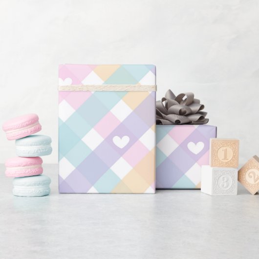Pastell-Gingham-Herzen   Geschenkpapier (Babyparty)