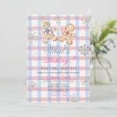 Pastell-Gingham „Was backt denn da?“ Geschlechtsen Einladung (Stehend Vorderseite)