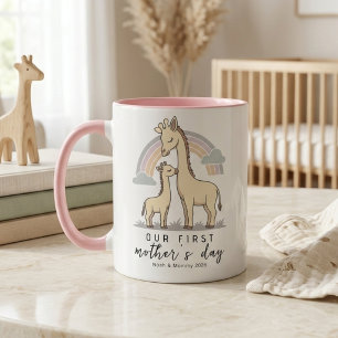 Pastell-Giraffe-Mutter-Baby-Erster-Muttertag-Regen Tasse