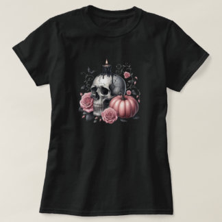 Pastell-Goth-Schädelkerze mit Rosen und Kürbis-Te T-Shirt
