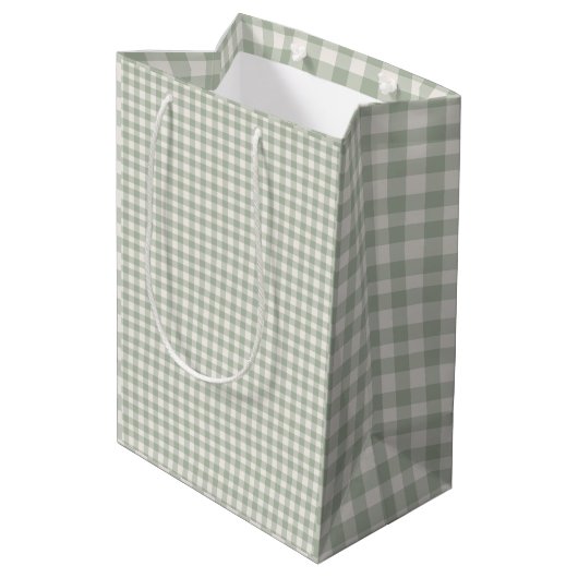 Pastell-grünes Gingham-Muster Mittlere Geschenktüte (Rückseite Schrägansicht)