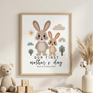 Pastell-Hasen-Mama-Baby-Erster-Muttertag-Nursery Poster
