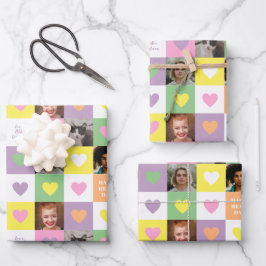 Pastell-Herz-Karo mit Fotos Valentinstag Geschenkpapier Set