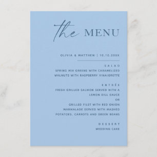 Pastell Himmelblau Hochzeit am Meer. Modern Minima Menükarte