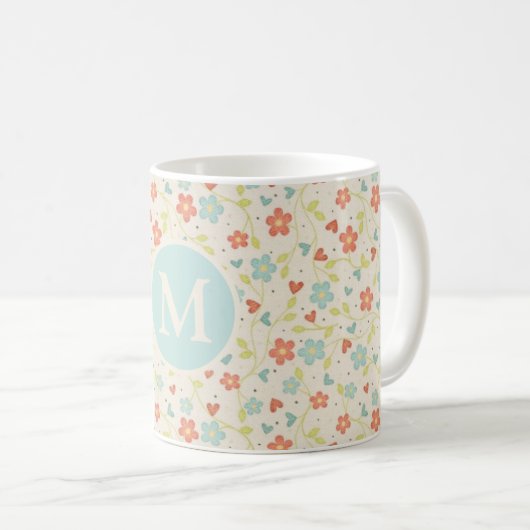 Pastell Hübsch Frühlingsfloral Monogramm Kaffeetasse (VorderseiteRechts)