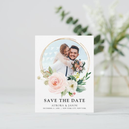 Pastell Hübsch rosa Botanisch Save the Date P Postkarte (Stehend Vorderseite)