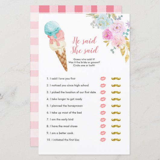 Pastell Ice Cream Floral Er sagte, sie sagte Game (Vorne/Hinten)