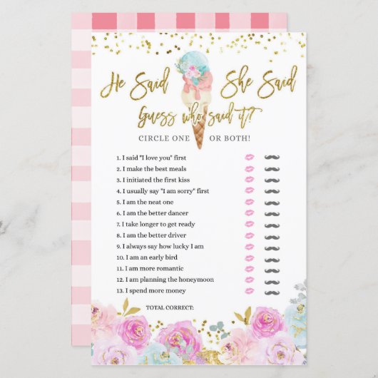 Pastell Ice Cream Floral Er sagte, sie sagte Game  (Vorne/Hinten)