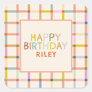 Pastell-Karo-Personalisierter Geburtstag Süße Part Quadratischer Aufkleber