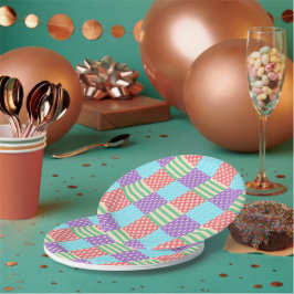 Pastell-Karo-Streifen-Schleife-Punkte-Geometrisch Pappteller