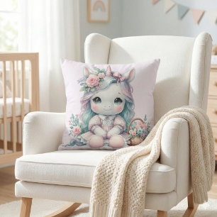 Pastell Kawaii Einhorn-Puppe mit Blumenkorb Kissen