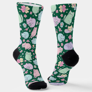 Pastell Kawaii Katzen und Frühlingsblumen Muster  Socken