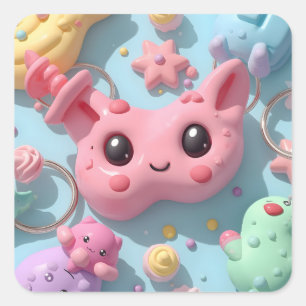 Pastell-Kawaii-Kreaturen Fantasy-Art Quadratischer Aufkleber