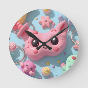 Pastell-Kawaii-Kreaturen Fantasy-Art Runde Wanduhr