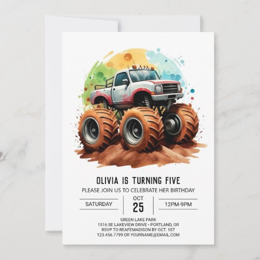 Pastell Kids' Monster Truck Geburtstag Einladung (Vorderseite)