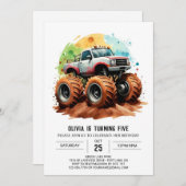 Pastell Kids' Monster Truck Geburtstag Einladung (Vorne/Hinten)