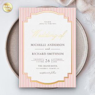 Pastell Korallenrosa gestreifte Foto Hochzeit Gold Folieneinladung