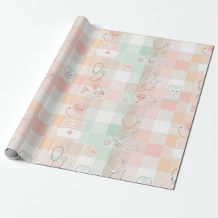 Pastell-Krankenschwester-Leben-Karomuster Geschenkpapier