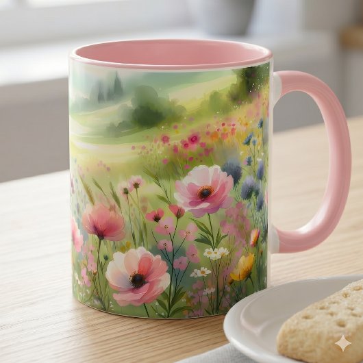 Pastell-Landschaft einer Wildblumenwiese Tasse