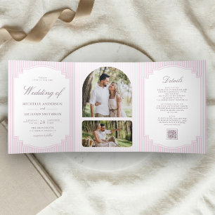 Pastell-Lavendel-gestreifte Foto-QR-Code-Hochzeit Dreifach Gefaltete Einladung