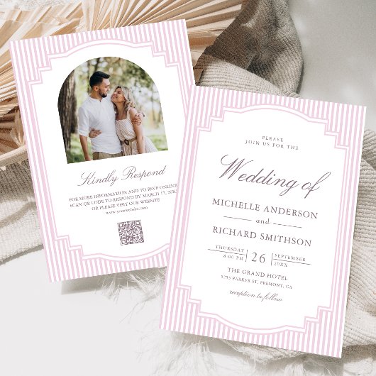 Pastell-Lavendel-gestreifte Hochzeit mit QR-Code-F Einladung