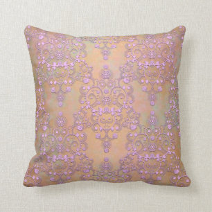 Pastell-Lavendel über Pfirsich-Gold-Spitzen-Damask Kissen