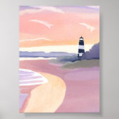 Pastell-Leuchtturm | Küstenstrand Wasserfarbe Poster (Vorne)