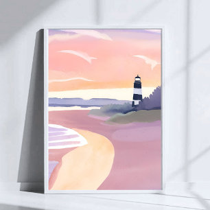 Pastell-Leuchtturm   Küstenstrand Wasserfarbe Poster