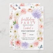 Pastell Lila Pink Butterfly Geburtstag Einladung (Vorne/Hinten)