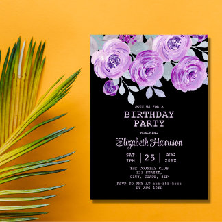 Pastell Lila Rose Floral Black Geburtstagsparty Einladung