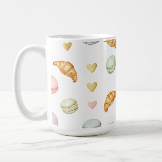 Pastell-Macarons und Croissants nahtloses Muster Kaffeetasse (Links)