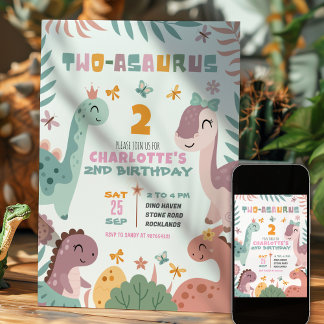 Pastell-Mädchen-Dinosaurier-Einladung zum 2. Gebur Einladung