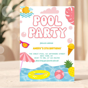 Pastell Mädchen Rosa Sommer Poolparty Einladung