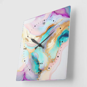 Pastell-Marmor-Tinte abstrakte Glitter-Kunst Quadratische Wanduhr