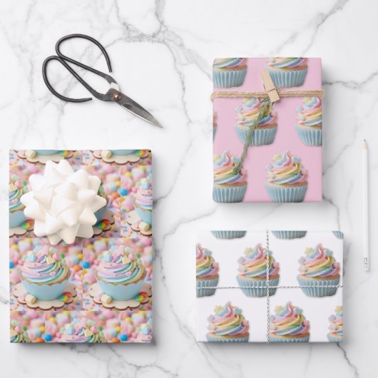 Pastell-Marshmallow-Regenbogen-Cupcake-Geburtstag Geschenkpapier Set (Vorderseite)