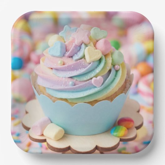 Pastell-Marshmallow-Regenbogen-Cupcake-Geburtstag Pappteller (Vorderseite)