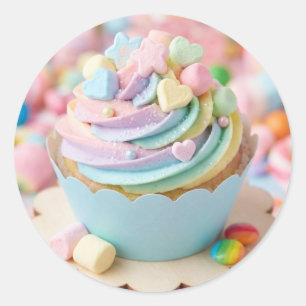Pastell-Marshmallow-Regenbogen-Cupcake-Geburtstag Runder Aufkleber