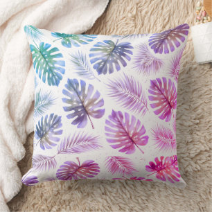 Pastell Monstera und Palmwedel Aquarell Kissen