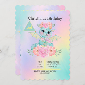 Pastell Niedlich Aquamarin Dragon Girls' Geburtsta Einladung